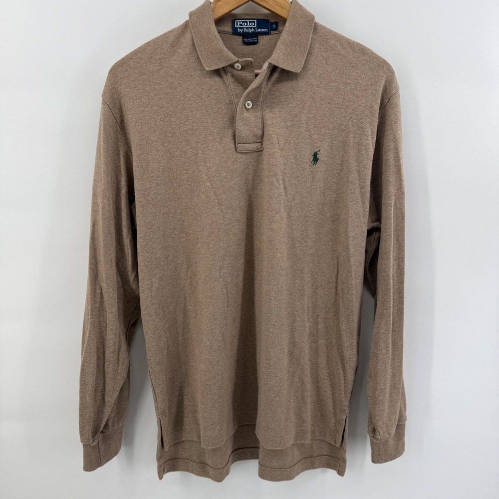 Polo Ralph Lauren Mens Long Sleeve Polo Shirt Tan Brown Cotton Small Logo